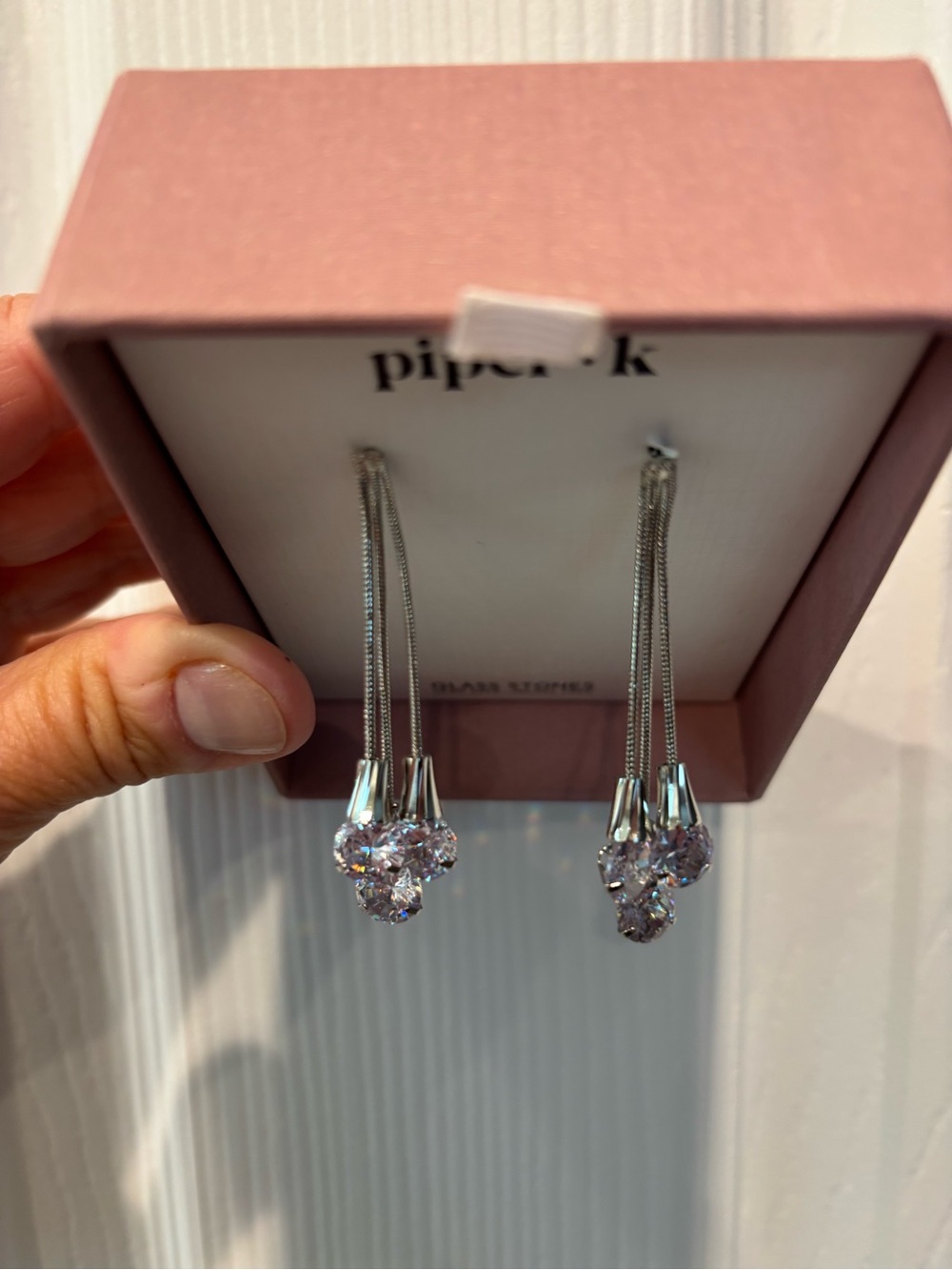 Silver Long Drop Crystal Earrings - lilac colored glass stones Stones